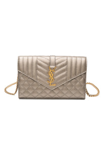 SAINT LAURENT Piombo Metallic Grain De Poudre Mixed Matelasse Triquilt Monogram Wallet on Chain