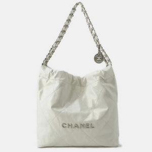 White Shiny Calf Leather Chanel22 Handbag Size Small