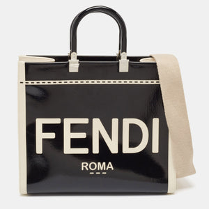 Fendi Black/off White Canvas And Patent Leather Medium Sunshine Shopper Tote