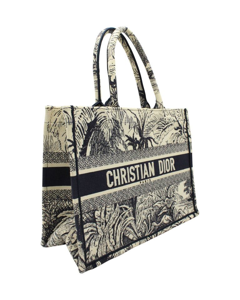 Dior Medium Book Tote Bag in Cream and Navy Blue Canvas