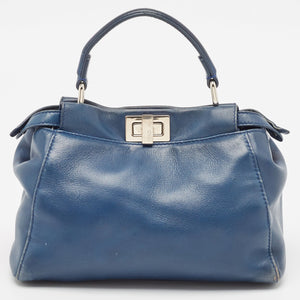 Fendi Navy Blue Leather Mini Peekaboo Top Handle Bag