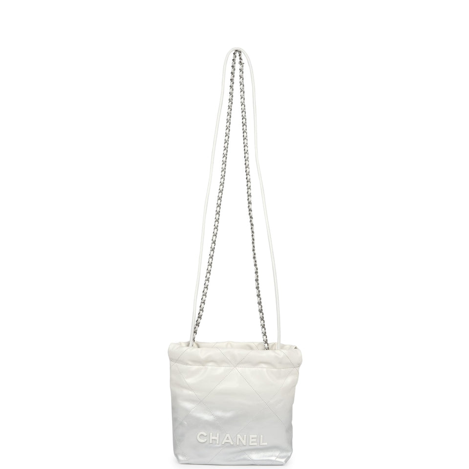 Chanel Mini 22 Bag White and Silver Ombre Metallic Calfskin Silver Hardware