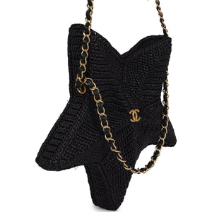 New Chanel Star Coco Beach Bag Black Raffia Aged Gold Hardware