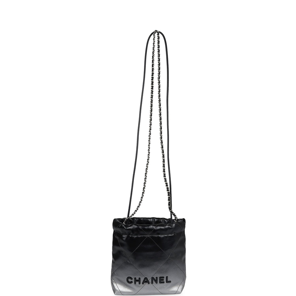 Chanel Mini 22 Bag Black and Silver Ombre Metallic Calfskin Lacquered Metal Hardware