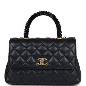 Chanel Small Coco Crystal Top Handle Flap Bag Black Lambskin Brushed Gold Hardware