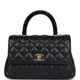 Chanel Small Coco Crystal Top Handle Flap Bag Black Lambskin Brushed Gold Hardware