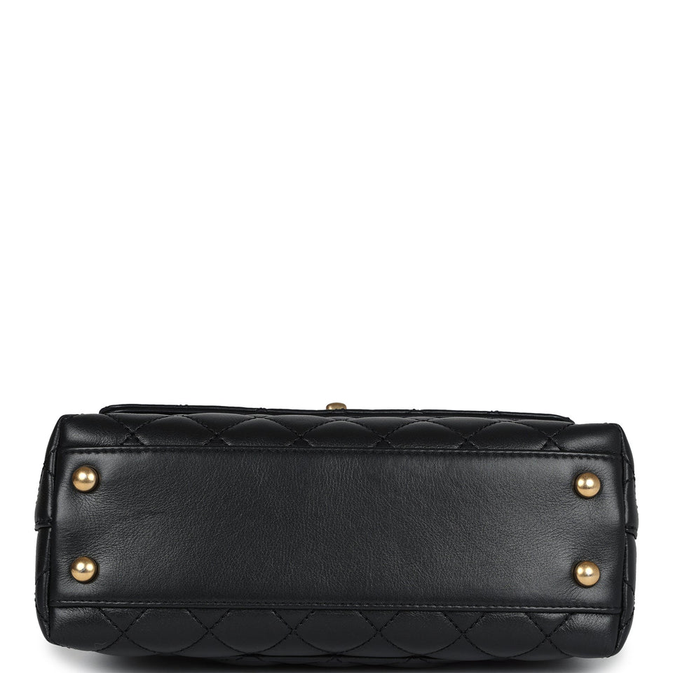 Chanel Small Coco Crystal Top Handle Flap Bag Black Lambskin Brushed Gold Hardware