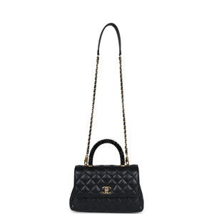 Chanel Small Coco Crystal Top Handle Flap Bag Black Lambskin Brushed Gold Hardware