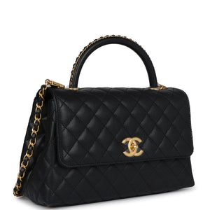 Chanel Medium Coco Top Handle Black Chevron Caviar Brushed Gold Hardware