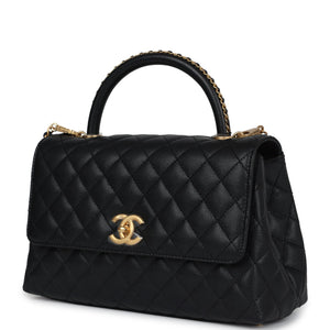 Chanel Medium Coco Top Handle Black Chevron Caviar Brushed Gold Hardware