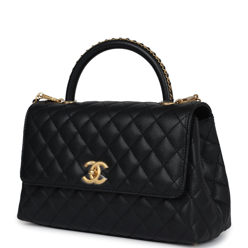 Chanel Medium Coco Top Handle Black Chevron Caviar Brushed Gold Hardware