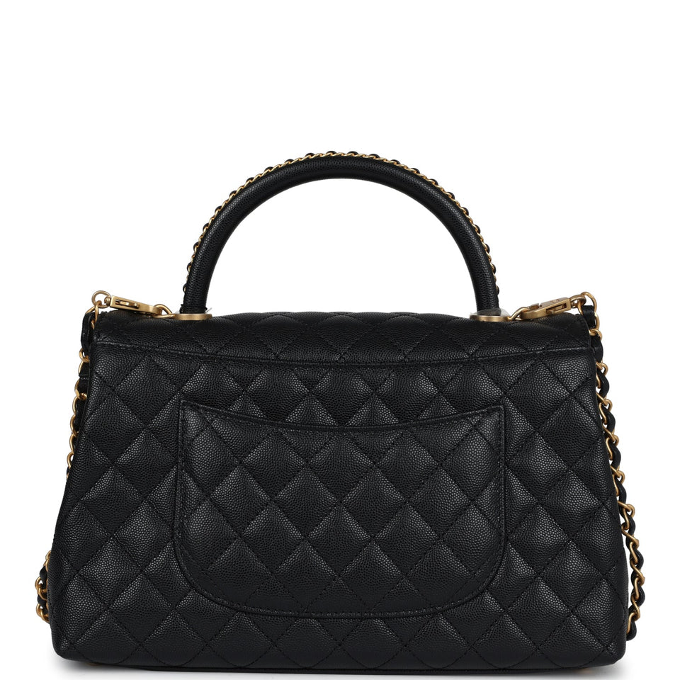 Chanel Medium Coco Top Handle Black Chevron Caviar Brushed Gold Hardware