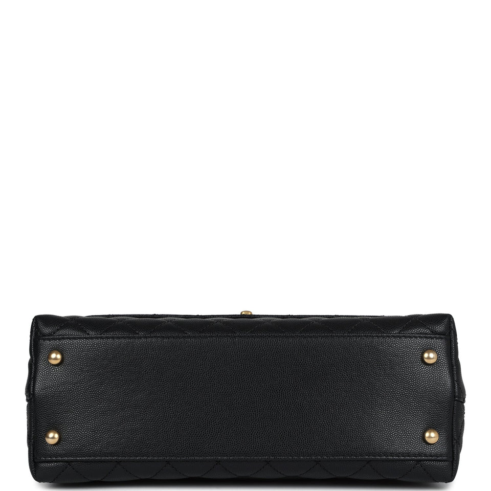 Chanel Medium Coco Top Handle Black Chevron Caviar Brushed Gold Hardware