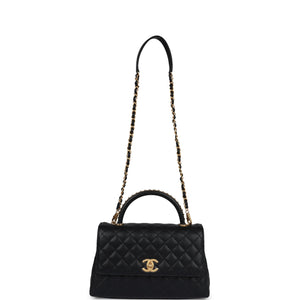 Chanel Medium Coco Top Handle Black Chevron Caviar Brushed Gold Hardware