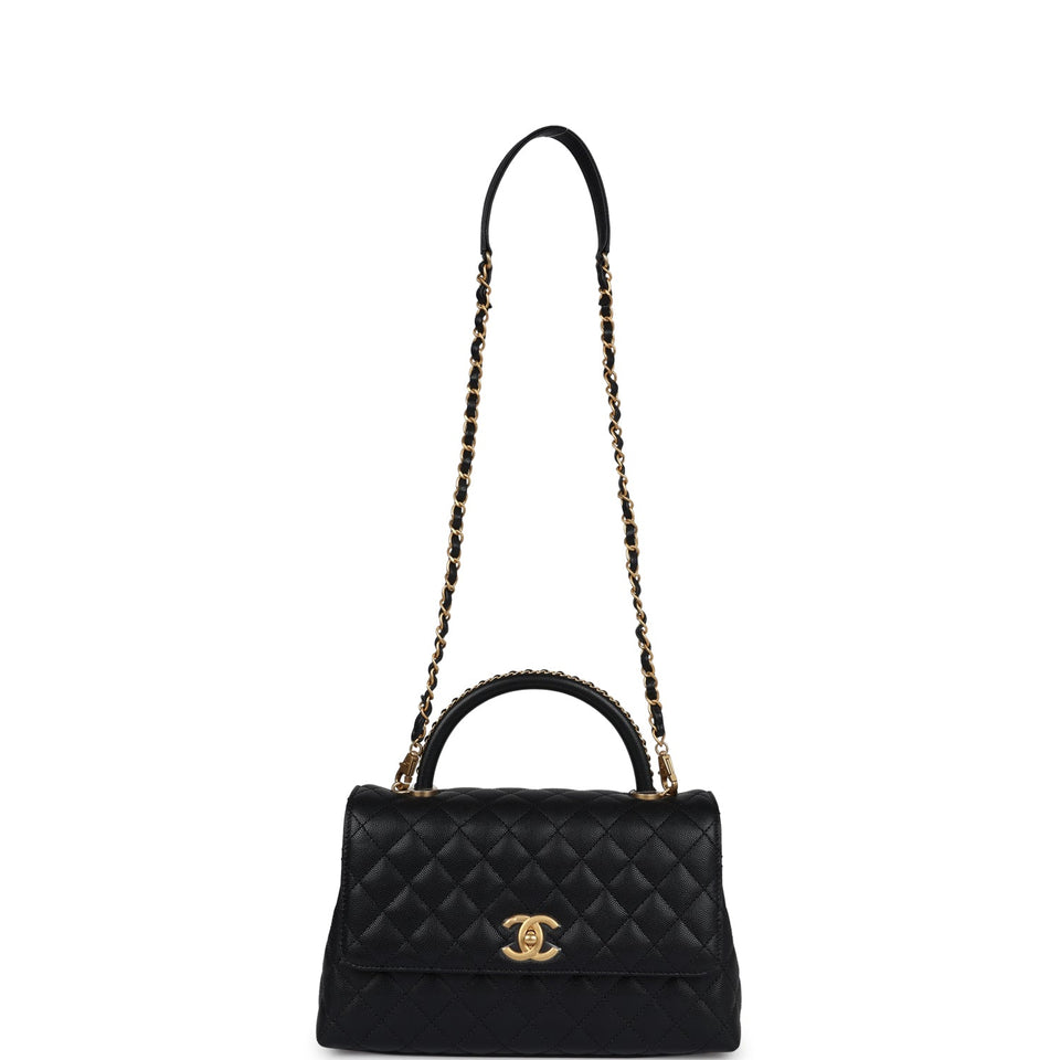 Chanel Medium Coco Top Handle Black Chevron Caviar Brushed Gold Hardware