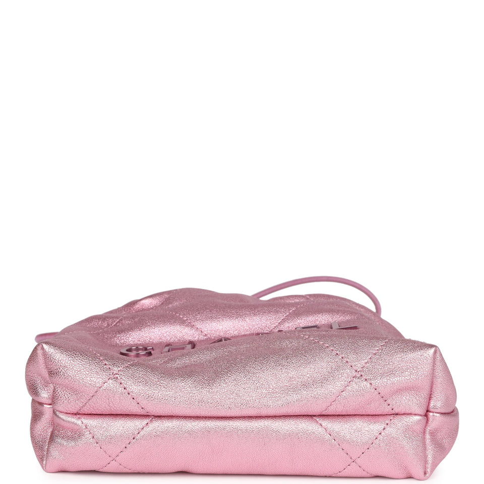 Chanel Mini 22 Bag Pink Metallic Lambskin Lacquered Metal Hardware