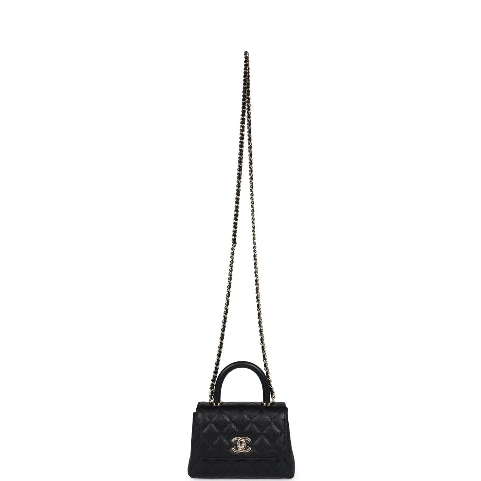 Chanel Nano Coco Top Handle Flap Bag Black Caviar Light Gold Hardware