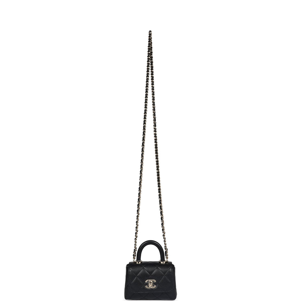 Chanel Nano Coco Top Handle Flap Bag Black Caviar Light Gold Hardware
