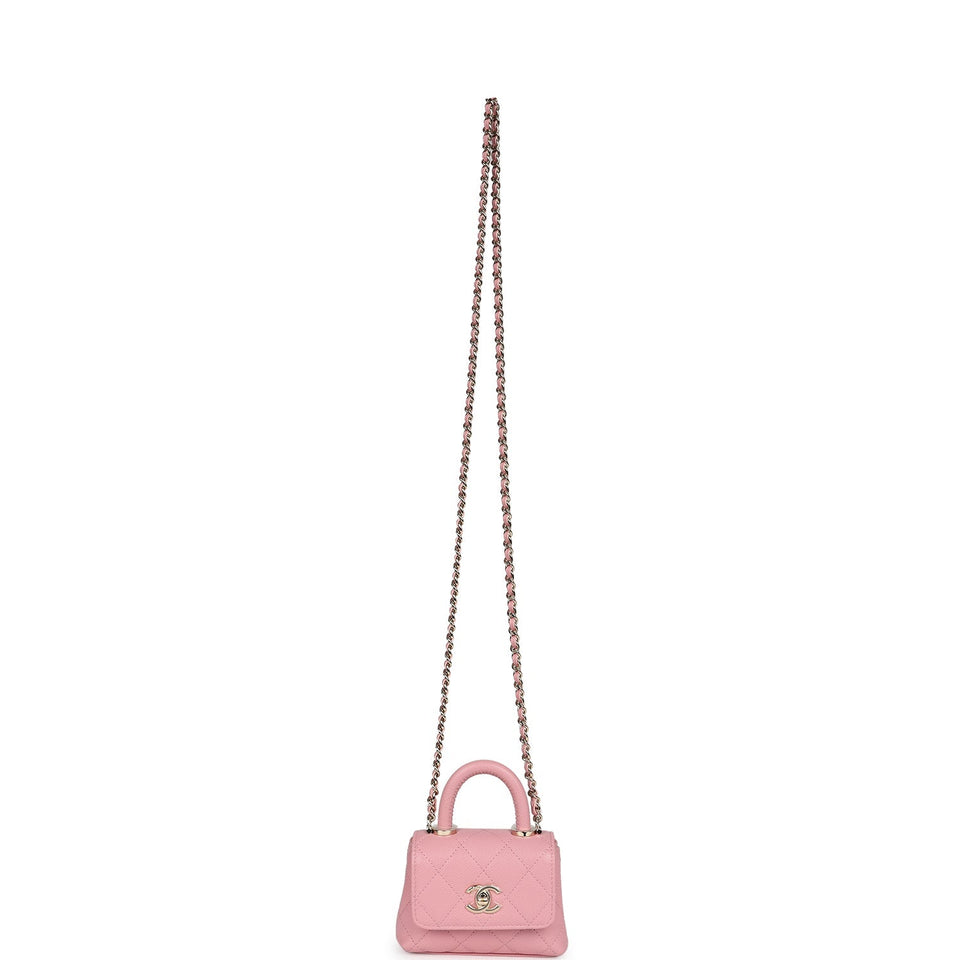 Chanel Nano Coco Top Handle Flap Bag Pink Grained Calfskin Light Gold Hardware