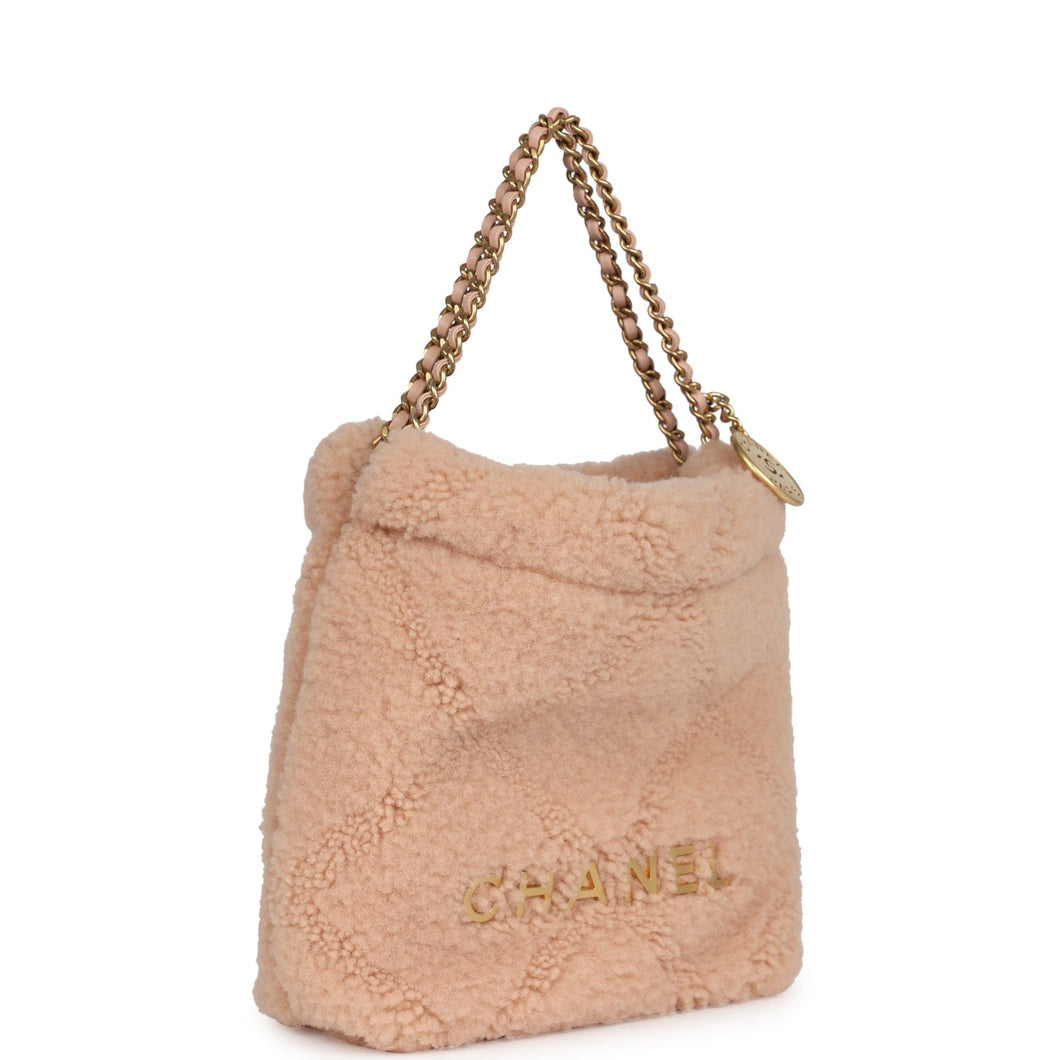 Chanel Mini 22 Bag Light Pink Shearling Gold Hardware
