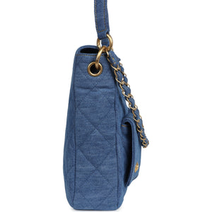 Chanel Large Supple Twins Hobo Bag Blue Denim Brushed Gold Hardware