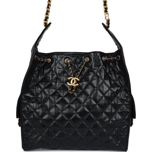 Chanel Medium 25 Hobo Bag Black Shiny Lambskin Antique Gold Hardware