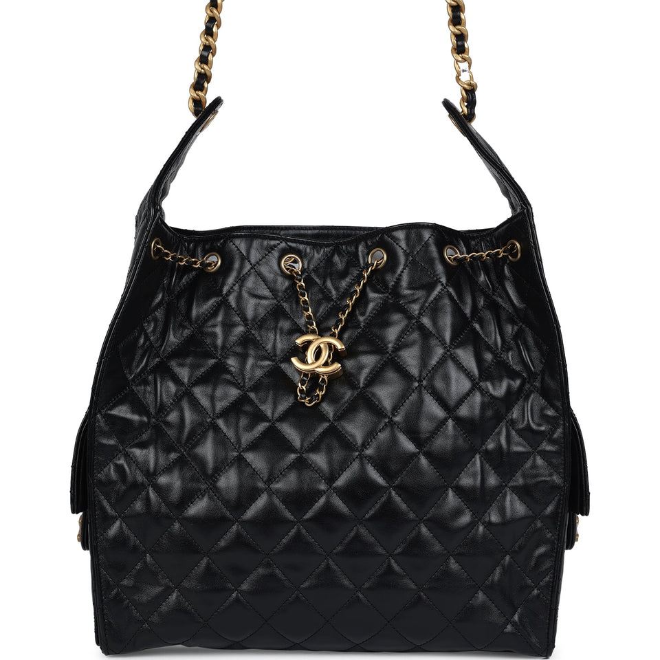 Chanel Medium 25 Hobo Bag Black Shiny Lambskin Antique Gold Hardware