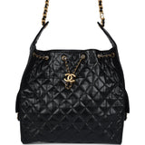 Chanel Medium 25 Hobo Bag Black Shiny Lambskin Antique Gold Hardware