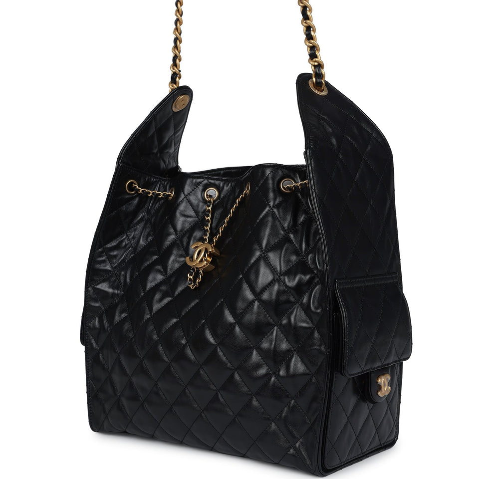 Chanel Medium 25 Hobo Bag Black Shiny Lambskin Antique Gold Hardware