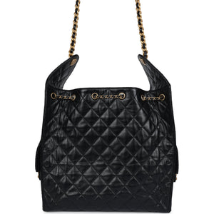 Chanel Medium 25 Hobo Bag Black Shiny Lambskin Antique Gold Hardware