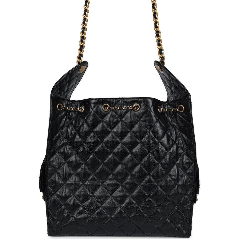 Chanel Medium 25 Hobo Bag Black Shiny Lambskin Antique Gold Hardware
