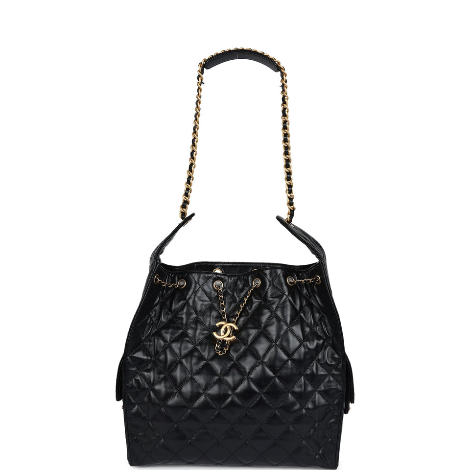Chanel Medium 25 Hobo Bag Black Shiny Lambskin Antique Gold Hardware