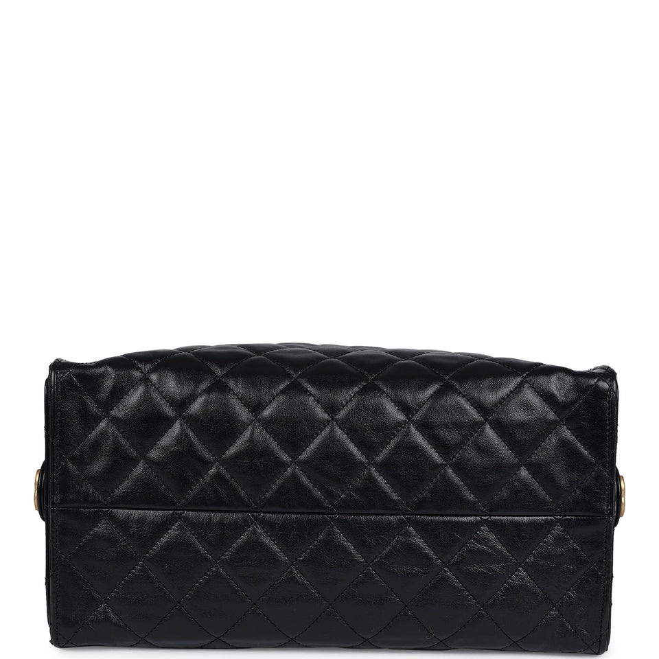 Chanel Medium 25 Hobo Bag Black Shiny Lambskin Antique Gold Hardware