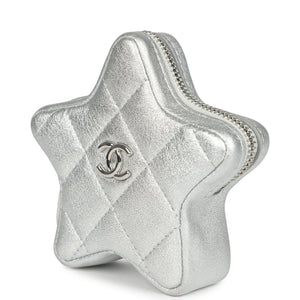 Chanel Walk Of Fame Star Clip-On Coin Purse Metallic Silver Goatskin Silver Hardware