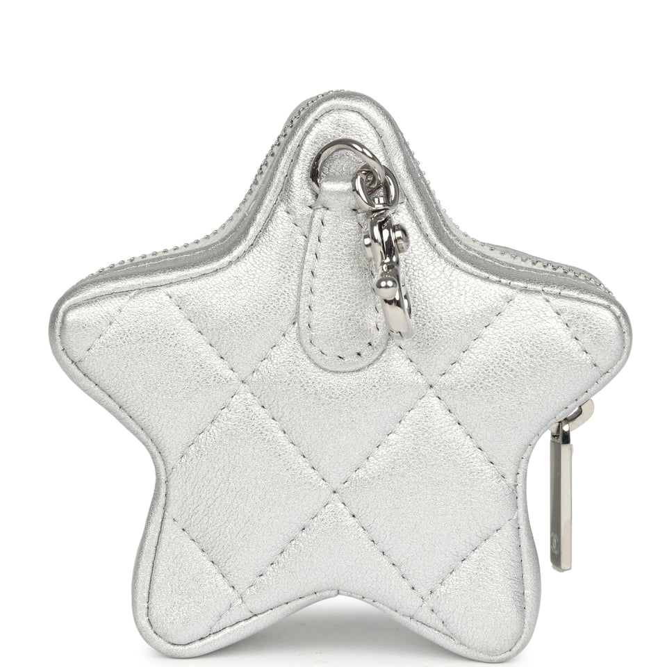 Chanel Walk Of Fame Star Clip-On Coin Purse Metallic Silver Goatskin Silver Hardware