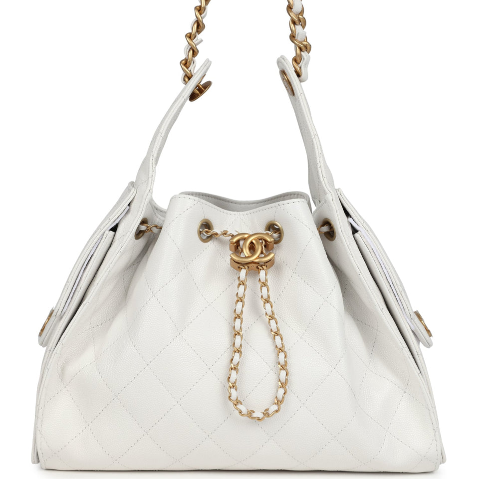 Chanel Small 25 Hobo Bag White Caviar Antique Gold Hardware