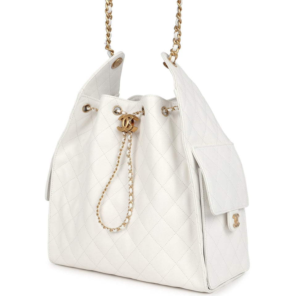 Chanel Medium 25 Hobo Bag White Caviar Antique Gold Hardware