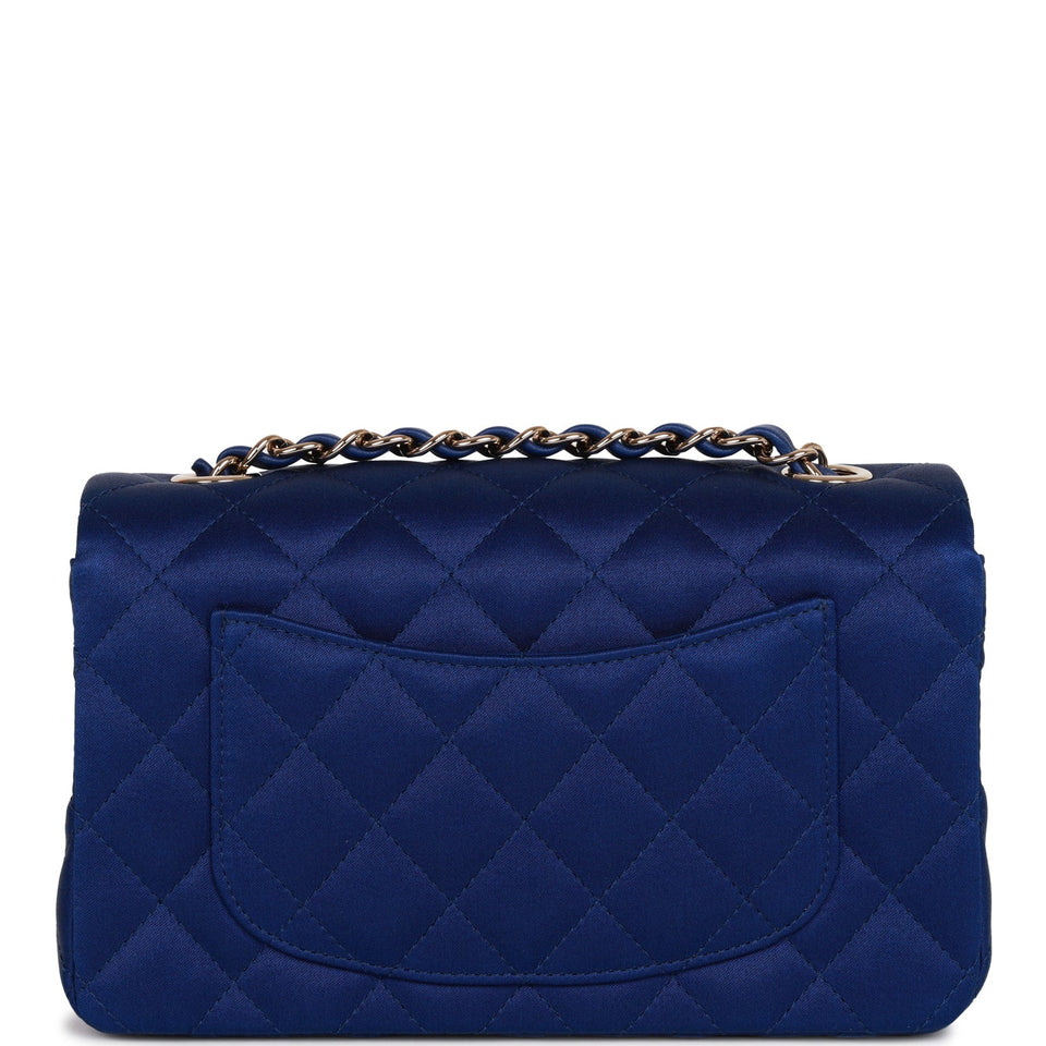 Chanel Mini Rectangular Flap Bag Blue Satin Light Gold Hardware