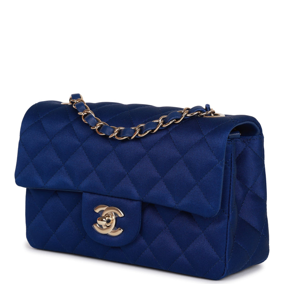 Chanel Mini Rectangular Flap Bag Blue Satin Light Gold Hardware