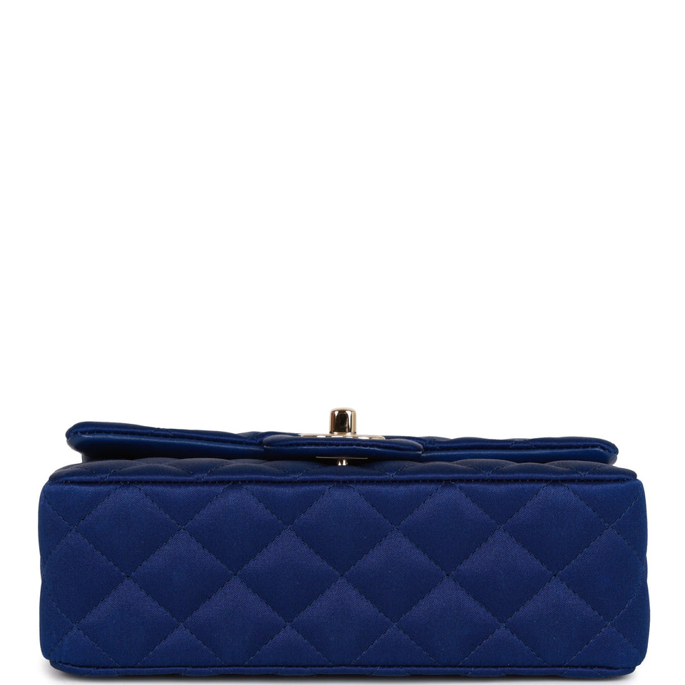 Chanel Mini Rectangular Flap Bag Blue Satin Light Gold Hardware