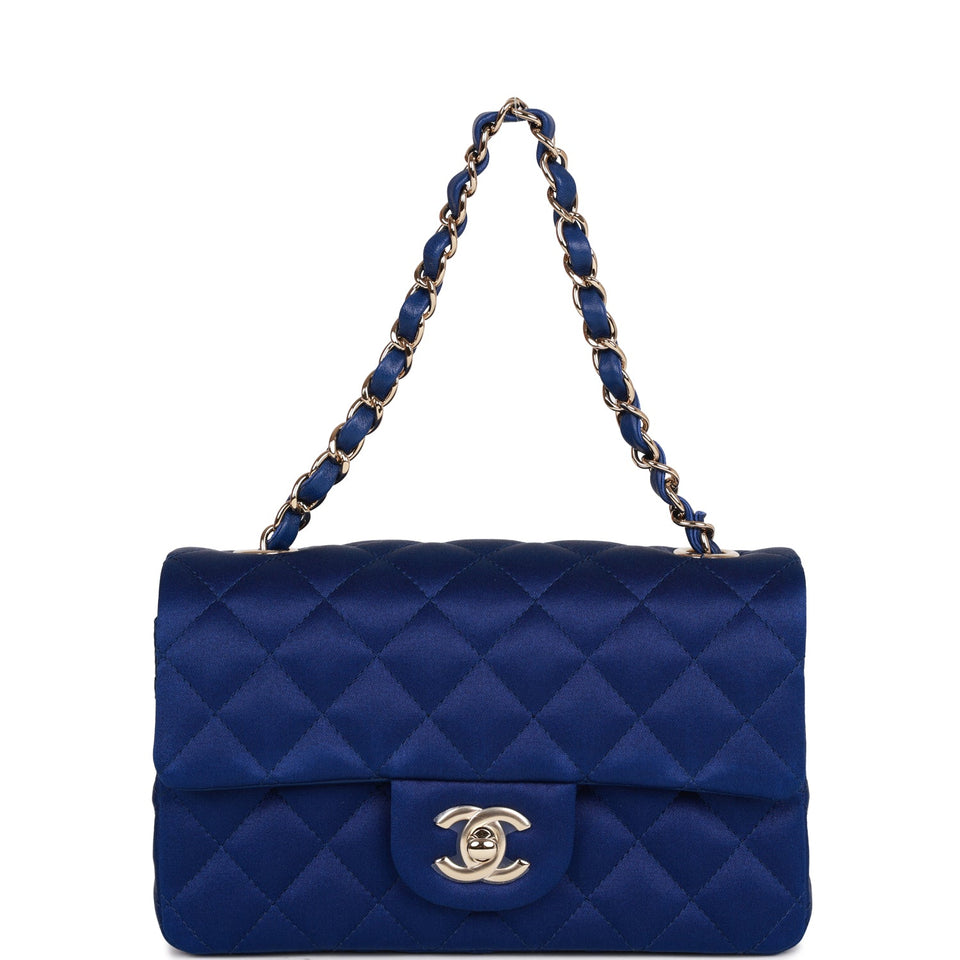 Chanel Mini Rectangular Flap Bag Blue Satin Light Gold Hardware