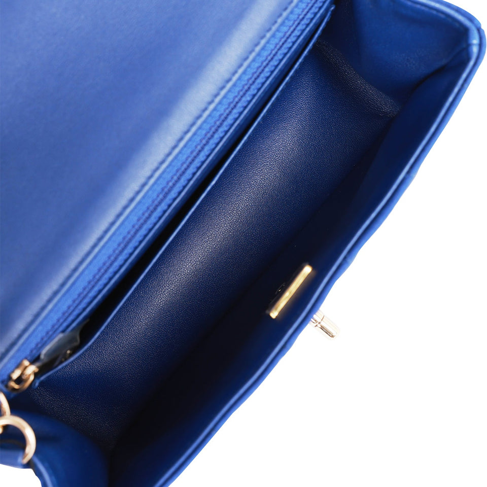 Chanel Mini Rectangular Flap Bag Blue Satin Light Gold Hardware