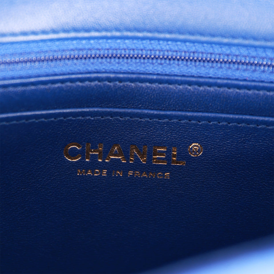 Chanel Mini Rectangular Flap Bag Blue Satin Light Gold Hardware