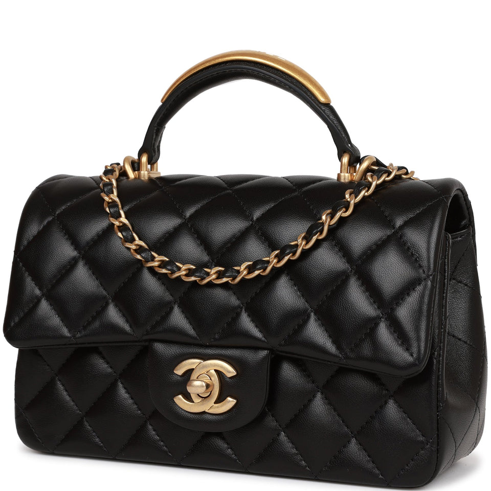 Chanel Rectangular Mini Flap Bag with Top Handle Black Lambskin Antique Gold Hardware