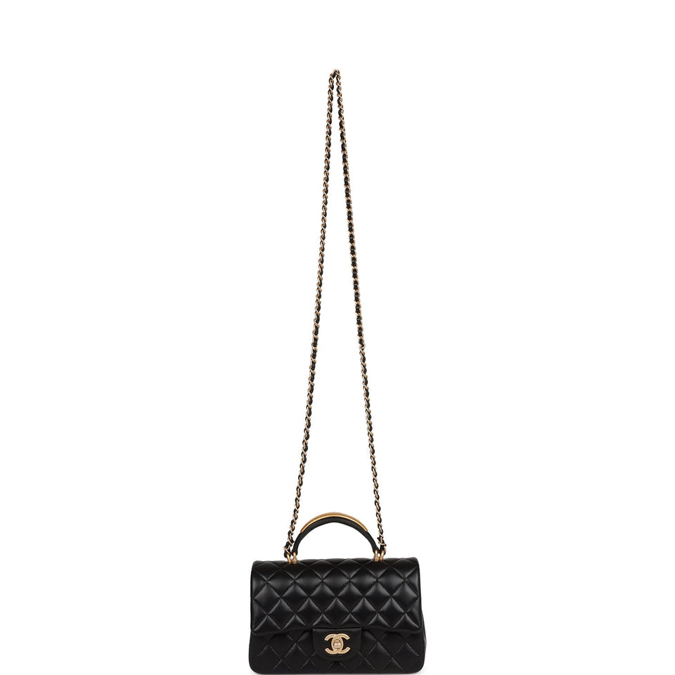 Chanel Rectangular Mini Flap Bag with Top Handle Black Lambskin Antique Gold Hardware