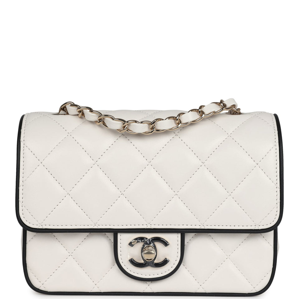 Chanel Mini Graphic Frame Flap Bag White and Black Lambskin Light Gold Hardware