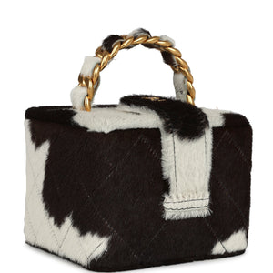 New Chanel Square Vanity Box Brown and White Cow Print Pony Hair Antique Gold Hardware