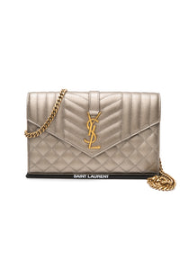SAINT LAURENT Piombo Metallic Grain De Poudre Mixed Matelasse Triquilt Monogram Wallet on Chain