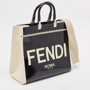 Fendi Black/off White Canvas And Patent Leather Medium Sunshine Shopper Tote